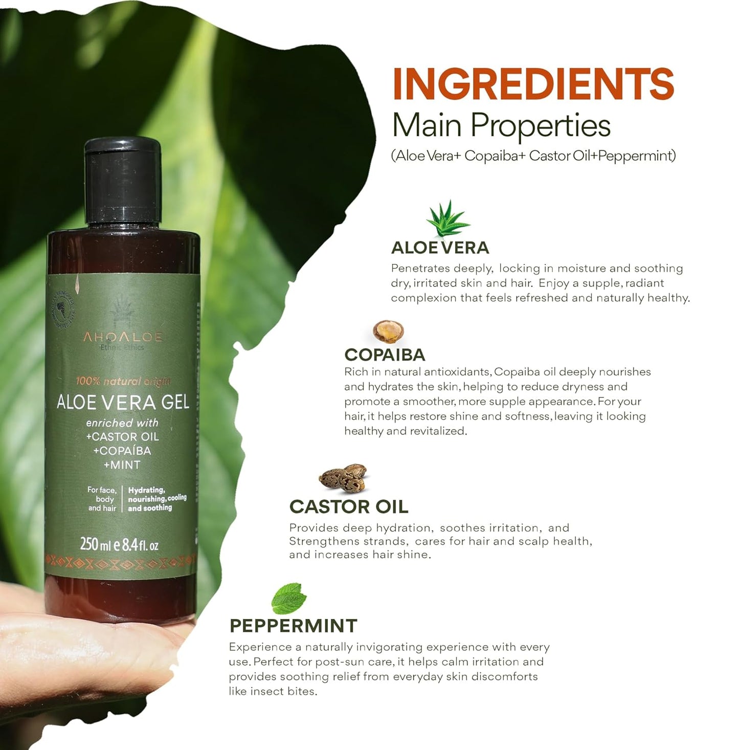Brazilian Aloe Vera Gel - Moisturizing Natural Gel with Copaiba & Mint | 8.4oz for Face, Skin & Hair Care