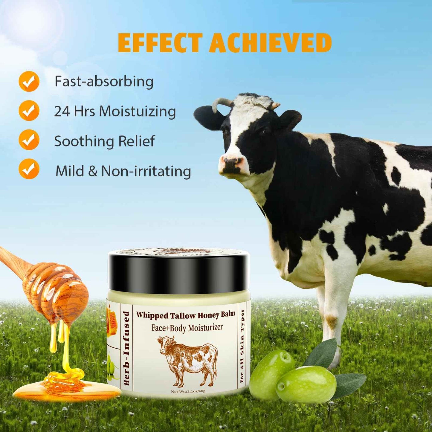 Yayabb Organic Grass-fed Whipped Beef Tallow Balm With Raw Honey Beef Tallow and Honey Balm for Skin Face Natural Moisturizer Body Lotion, Skin Care Lip (2.10Oz)