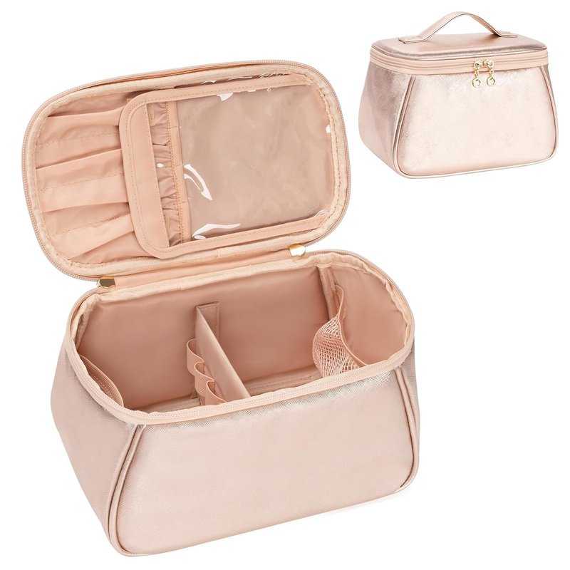Large Makeup Bag Organizer for Women - Travel Cosmetic Bag with Divider & Handle | Rose Gold