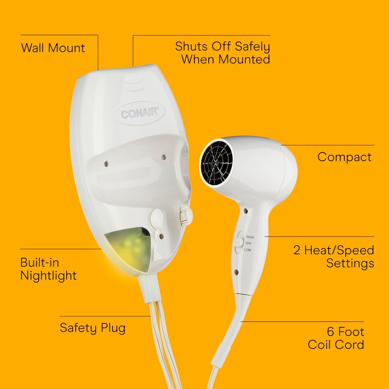 Conair Wall-Mount Hair Dryer - 1600W with LED Nightlight | 2 Heat & 2 Speed Settings, White