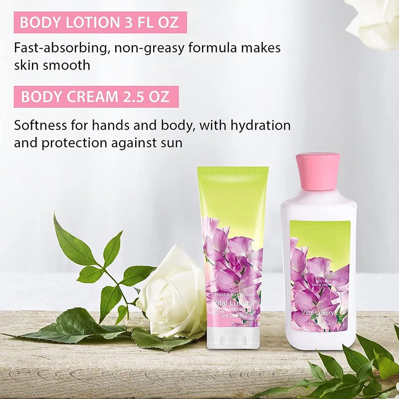 Vital Luxury Sweet Pea Bath & Body Kit, 3 Fl Oz, Ideal Skincare Gift Home Spa Set, Includes Body Lotion, Shower Gel, Body Cream, and Fragrance Mist, Birthday Mother's Valentine's Day Gifts for Her
