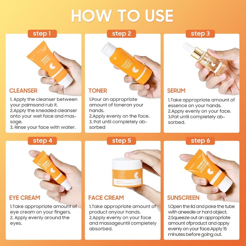 Vitamin C Skincare Set - 6 Pcs Face Care Kit with Cleanser, Serum, Eye Cream, Moisturizer & Sunscreen | Brightening & Hydrating for Teens