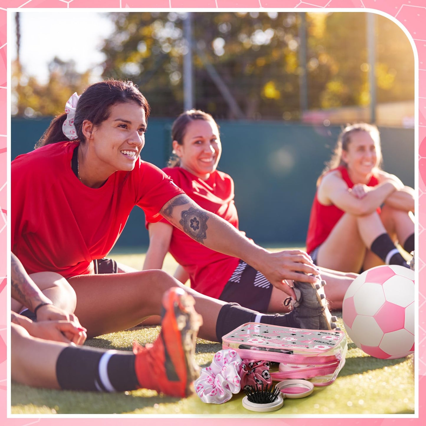 Sunnymove 36 Pcs Pink Soccer Gifts for Women 12 Pink Soccer Makeup Bag Bulk Cosmetic Bag Sport Team Gifts with 12 Sport Hair Scrunchies 12 Round Portable Folding Brush Mirror for Coach Team Party