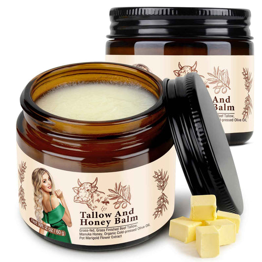 Grass Fed Beef Tallow and Honey Balm For Skin, Organic Beef Tallow Face Cream For Dry Skin, Deep Moisturizing Tallow Body Butter Lotion For Cracked Skin Care, 2 OZ Beef Tallow Moisturizer, 2 PCS.