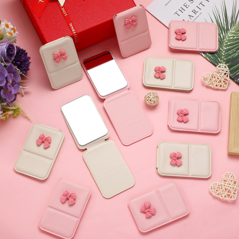 Amyhill 24 Pcs Bulk Mini Folding Bow Mirror Compact Fold Mirror Preppy Bow Gift for Women Birthday Bridal Shower Bachelorette Graduation Party Supplies(Folding, Beige and Pink)