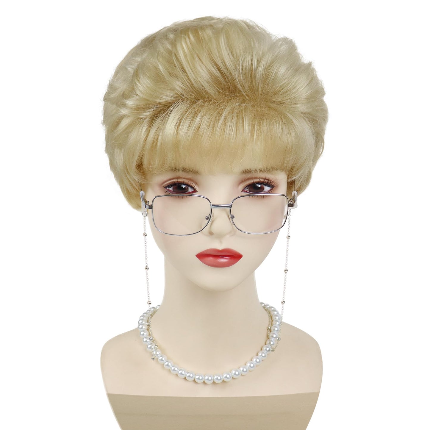 GNIMEGIL Curly Blonde Wig Sets Synthetic Hair Golden Grandma Wigs With Bangs Mommy Granny Outfits Betty White Wig Women Short Elderly Wigs With Glasses,Necklace For Old Lady Halloween Costume