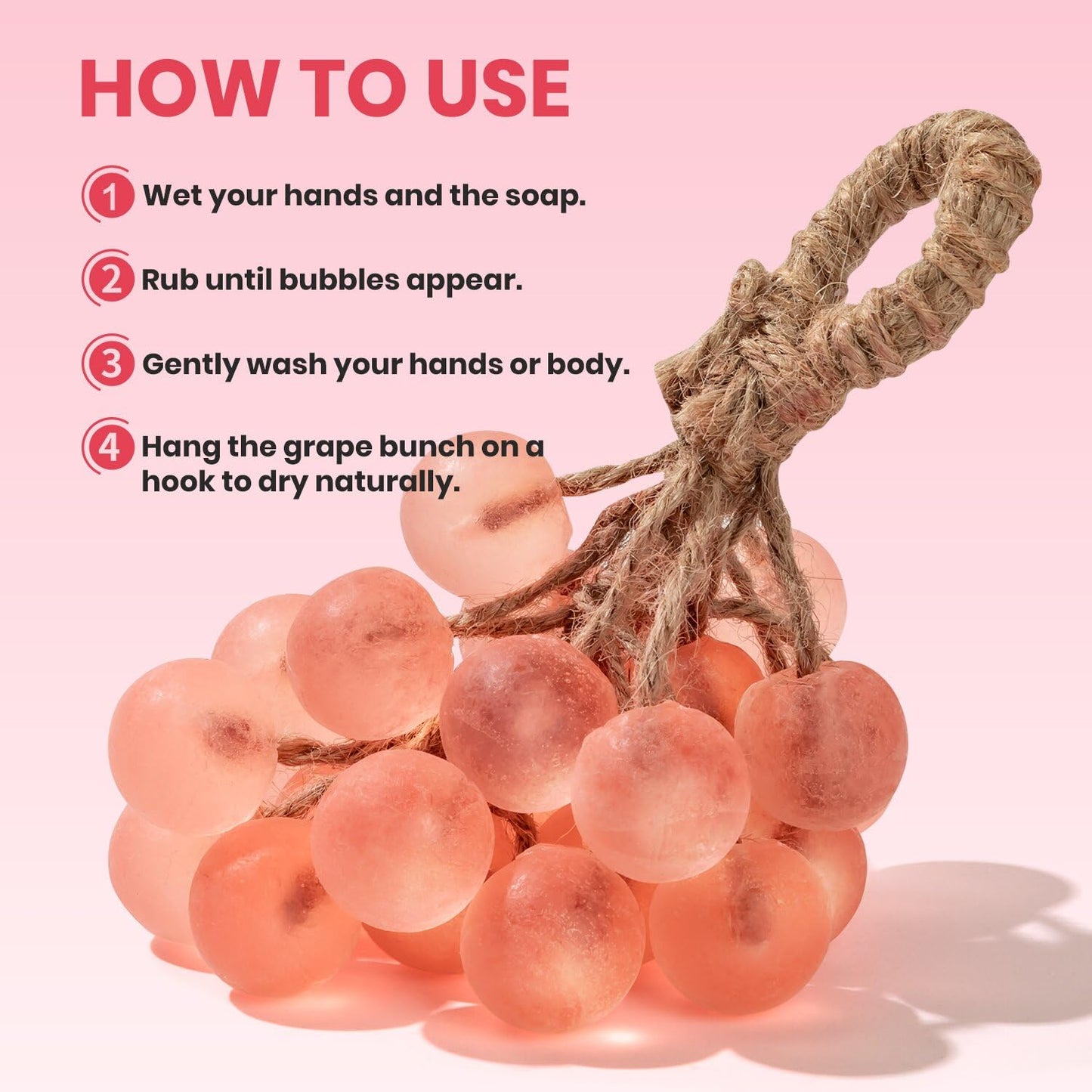 JHZHONG Grape Soap on a Rope, Handmade Grape Cluster Shape Soap Bar, Unique Decorative Bath Soap, Aromatic Hand Wash Gift for Home Decor, Men & Women (1, Pink)
