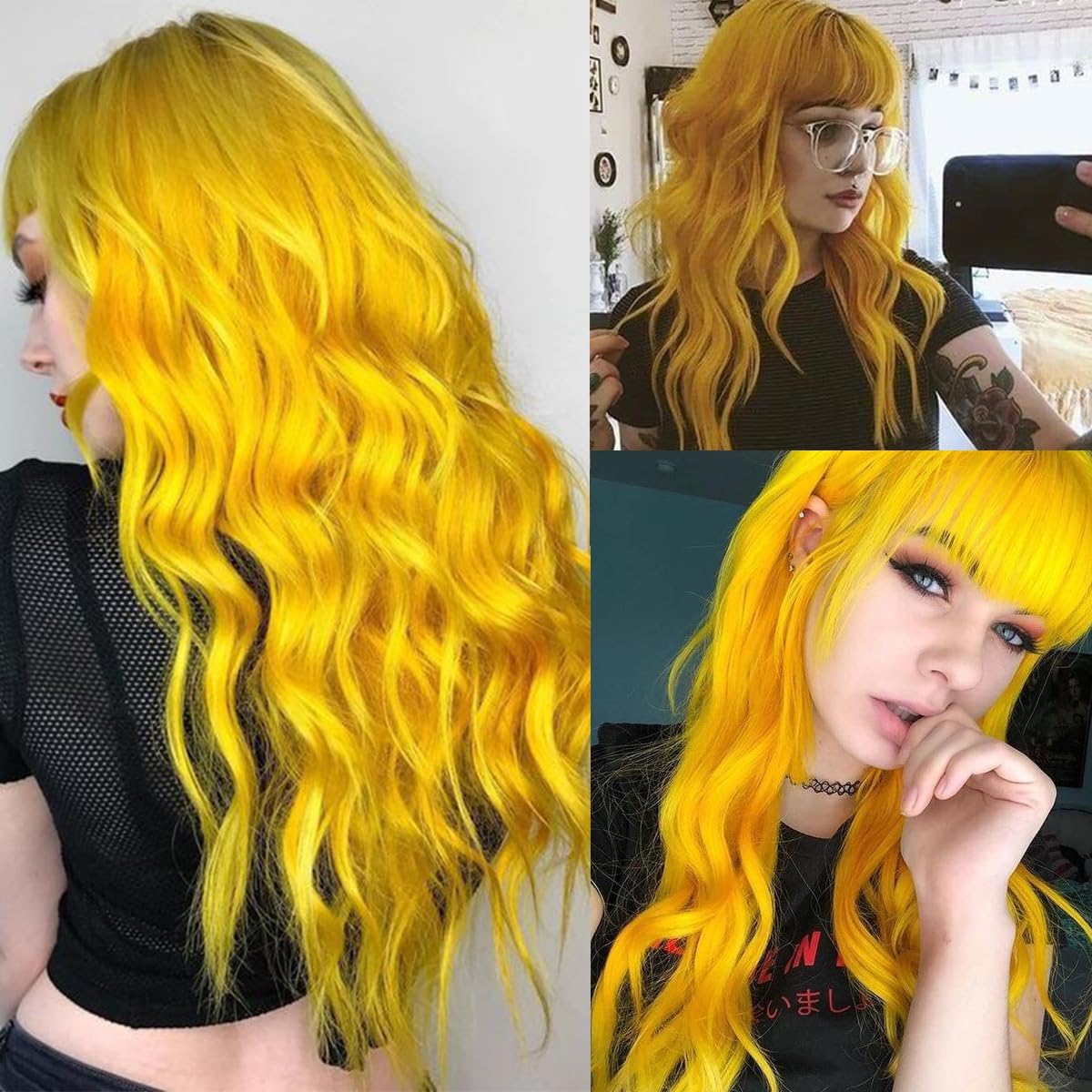 Sallcks Womens Long Curly Wavy Yellow Wigs With Bangs Cute Colorful Cosplay Custome Halloween Synthetic Wigs
