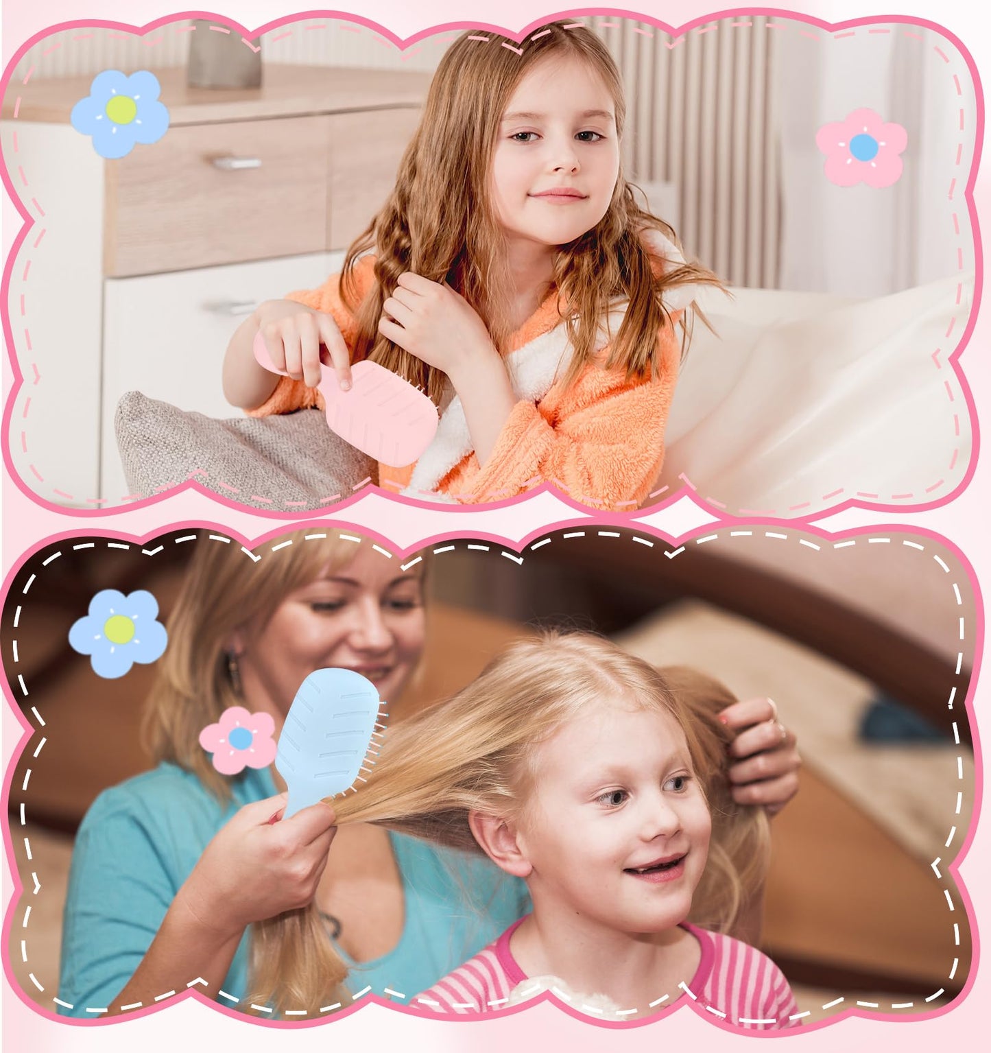 Toddler Hair Brush Girl, 2 Pcs Toddler Detangler Brush for Wet Dry Hair, Kids Boys and Girls with 2 Hair-Ties (Pink & Blue)