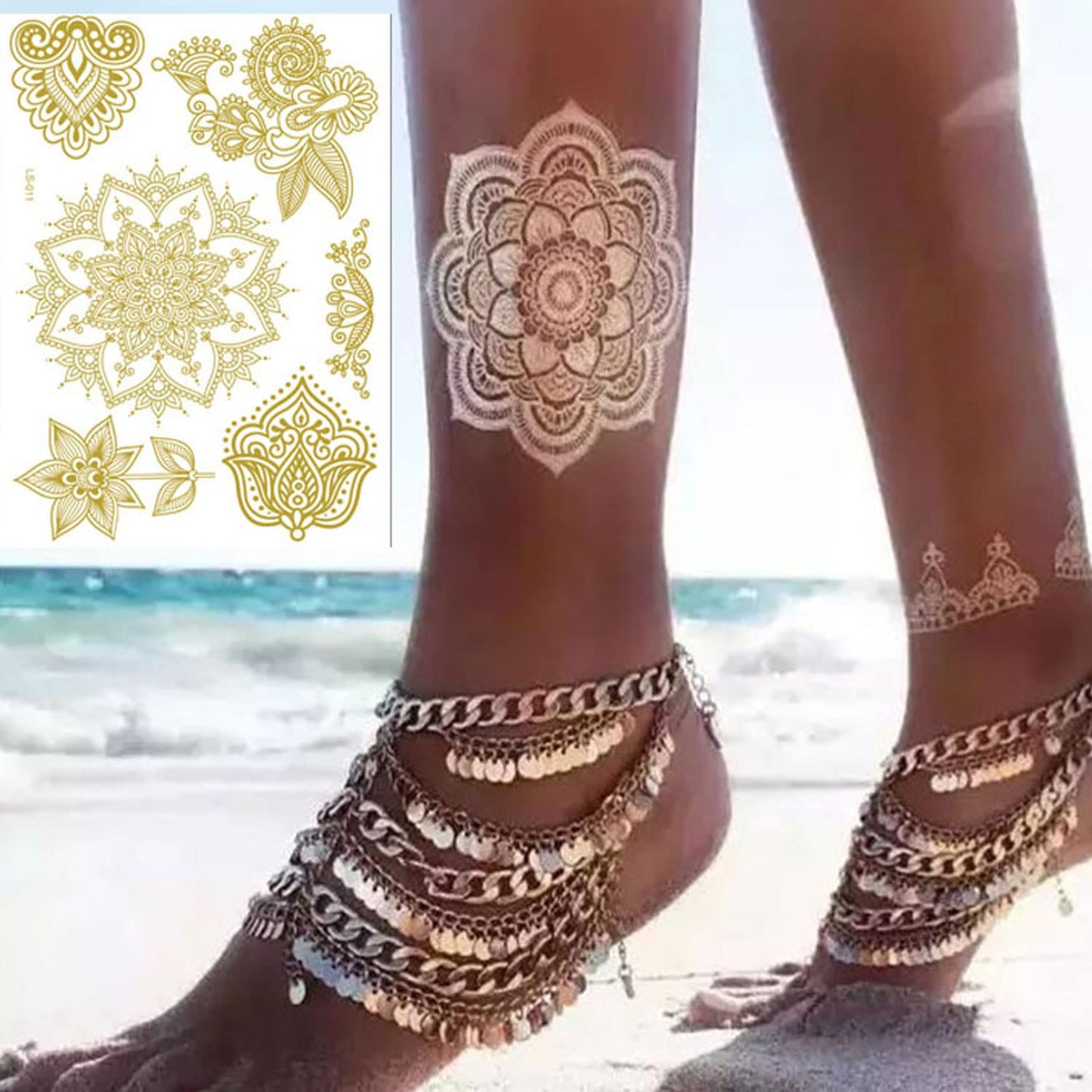 Henna Tattoos, Henna Temporary Tattoos Gold Flower Lace Waterproof Tattoo stickers for Women Wedding Party Festivals, & Parties Decoration Suppliers 6Sheets…