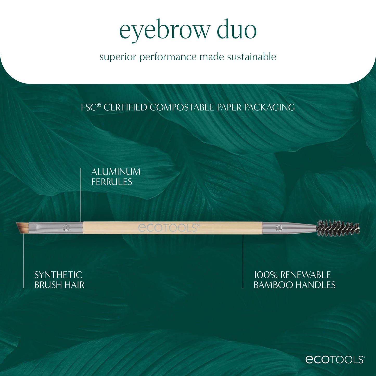 EcoTools Eyebrow Brush Duo, Tame, Sculpt & Fill in Brows, Multipurpose For Eyebrow Gel, Powder, & Cream, Dual-Ended Spoolie & Angled Brow Brush, Eco Friendly, Cruelty-Free, & Vegan, 1 Count