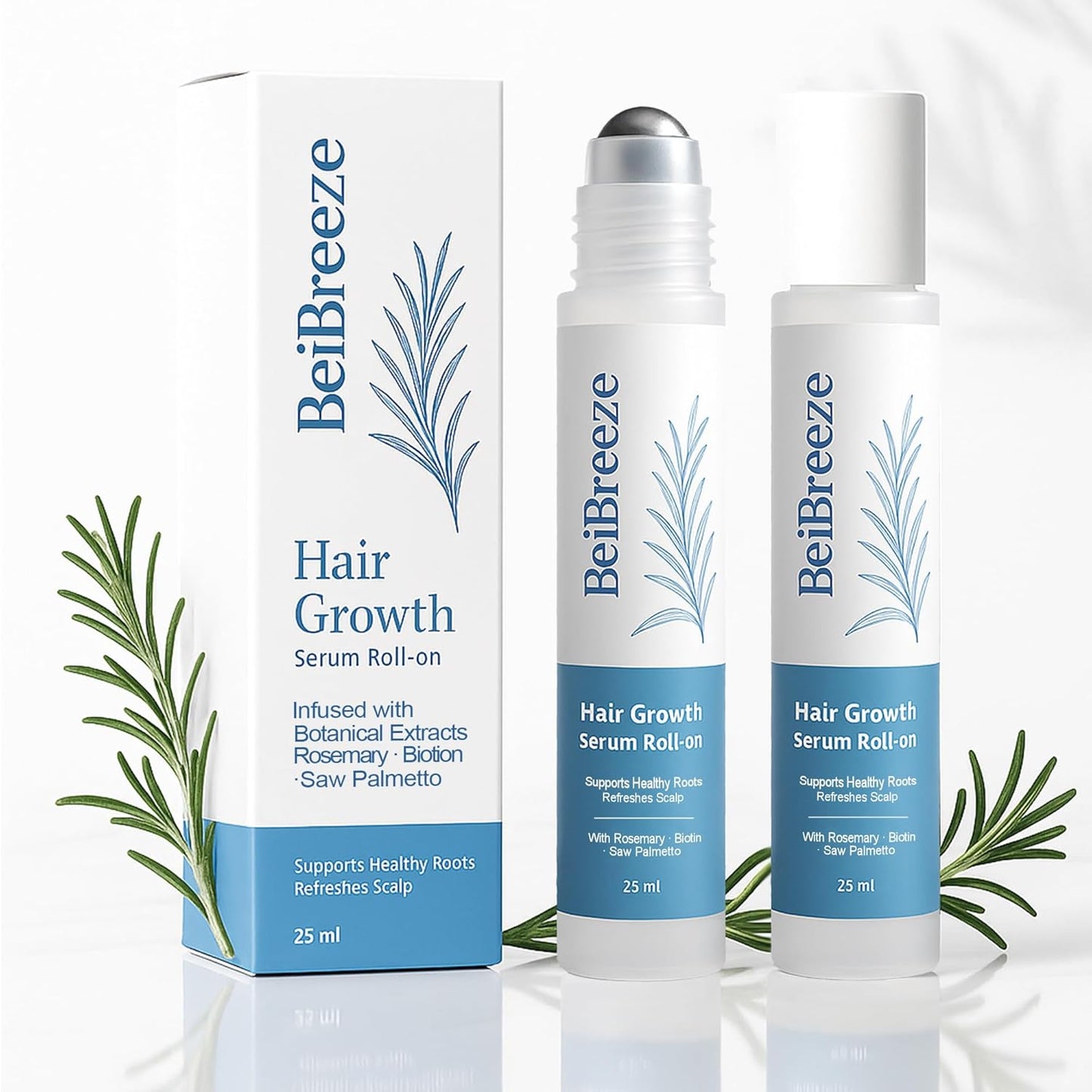 Rosemary Hair Growth Serum Roll-On 25ml | Nourishing Scalp Treatment with Biotin & Saw Palmetto for Thicker Hair | Unisex 2-Pack