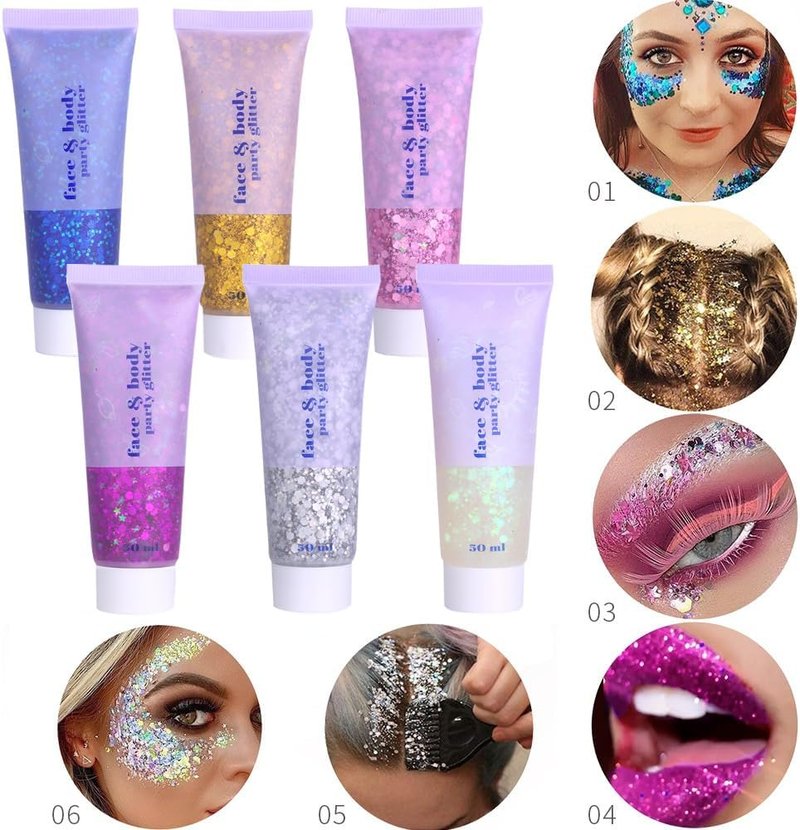 Neon Face and Body Glitter Gel - 3 Color Set for Parties | Blue, Gold & White Moonbeam