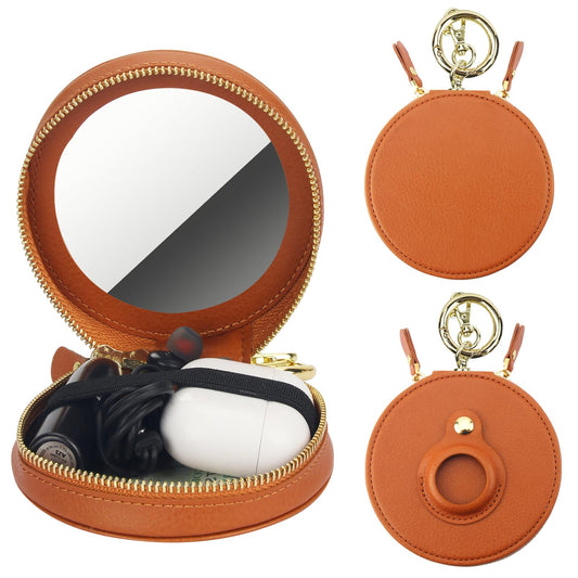 Bocasal Coin Pouch Mini Lipstick Cosmetic Bag with Airtag Holder Mirror, Leather Zipper Travel Makeup Bag Organizer Keychain Ring Clasp for Keys Earbuds Earphone Lip Gloss Chapstick Women Girl (Brown)