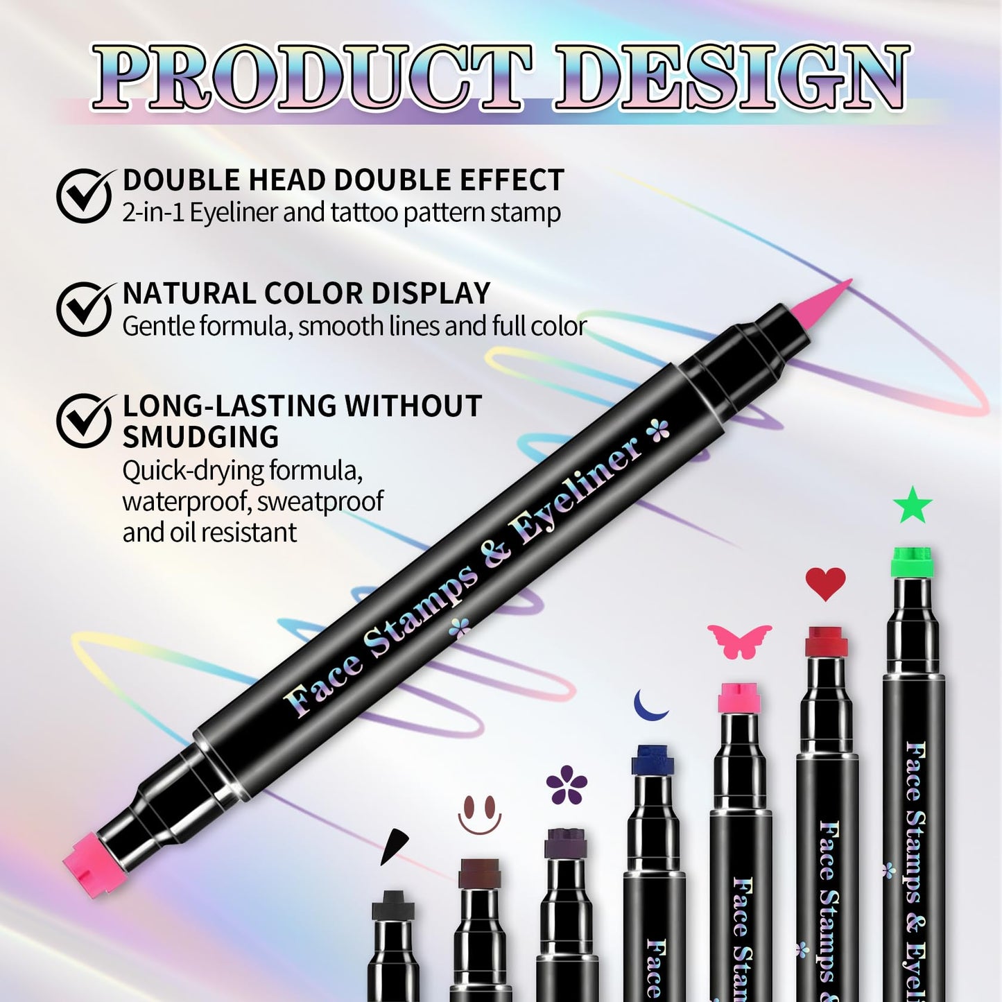 7Pcs Colored Liquid Eyeliner Stamp Pen Double-sided Face Stamps Set Green Red Pink Blue Purple Brown Black Eyeliner, Star Heart Butterfly Moon Flowers Smiley Triangle Stamp for Cosplay Eye Makeup