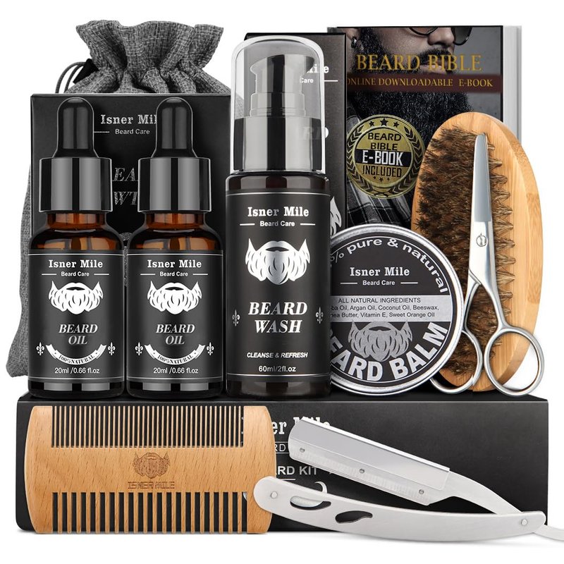 Isner Mile Beard Grooming Kit for Men Care: with Beard Oil Balm Wash Brush Comb & Straight Razor, Birthday Valentines Fathers Gifts for Men Him Boyfriend Husband Coworker, Christmas Stocking Stuffers