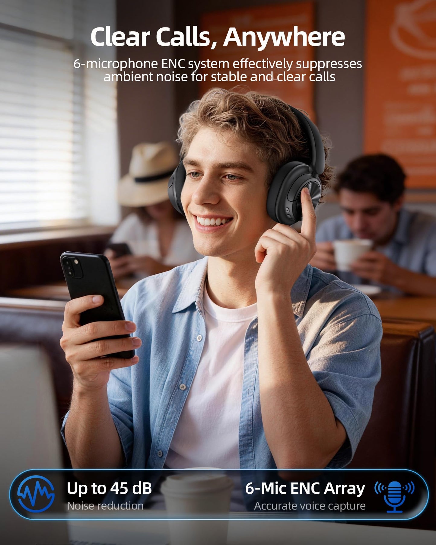 bmani Hybrid Active Noise Cancelling Headphones 120H Playtime Wireless Headphones Bluetooth 6.0 Over Ear Headphones with 6 ENC HD Call Mic, 360° Spatial Audio ANC Headphone for Travel Workout (Cyan)