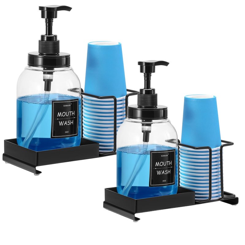 Summark Mouthwash Dispenser for Bathroom,Mouth Wash Pump Bottle with Stainless Steel Cup Holder,24 OZ Refillable Clear Mouthwash Container(2Pack)