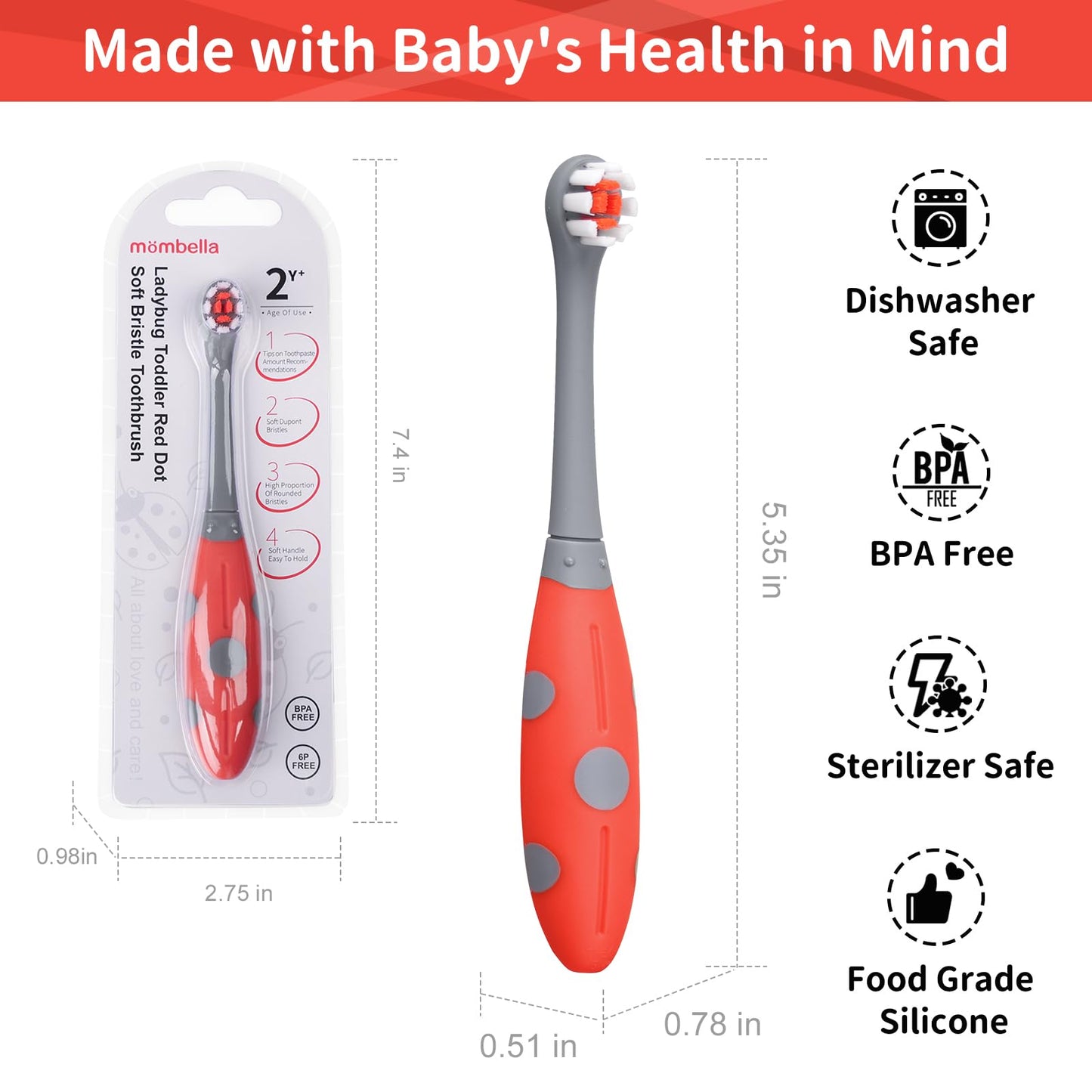 Mombella Ladybug Toddler Toothbrush for 2 Years+, Soft Red Dot Bristle Kids Toothbrush Age 2-4, Easy to Use, Oral Hygiene Care for Infant Teeth and Gums, Safe and Sturdy, 1pc
