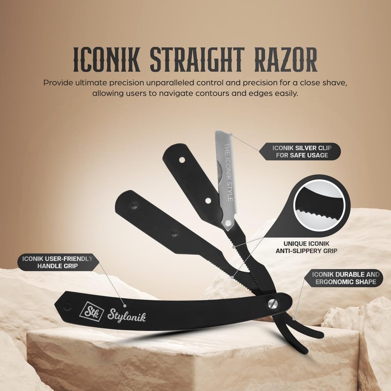 Stylonik Professional Straight Edge Barber Razor – 60 Single/30 Double-Sided Stainless Steel Blades for Men & Women, with Leather Case (Silver)