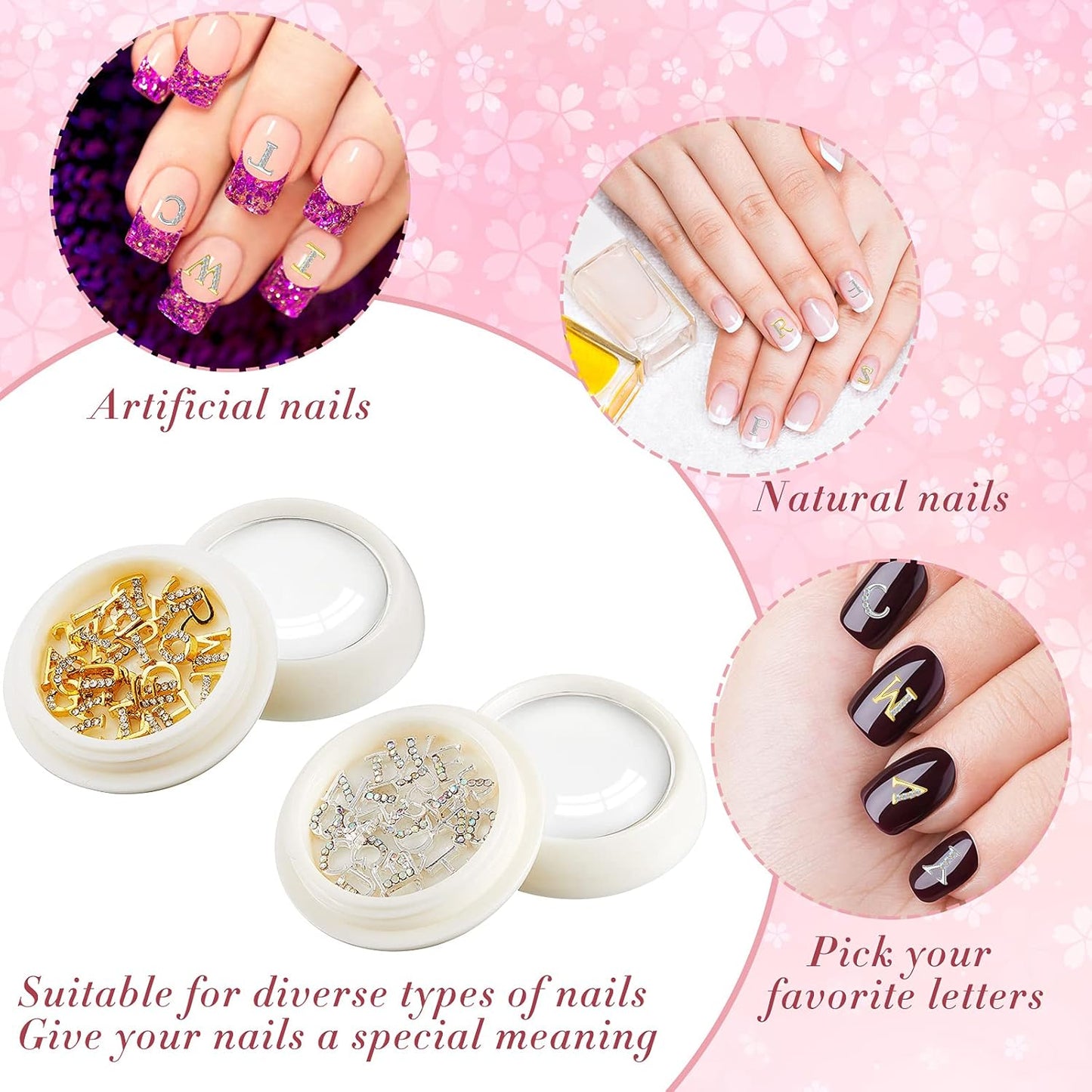 Gold & Silver 3D Letter Nail Charms - 104 Pcs Rhinestone Crystal Alphabet Decals for DIY Fingernail Art