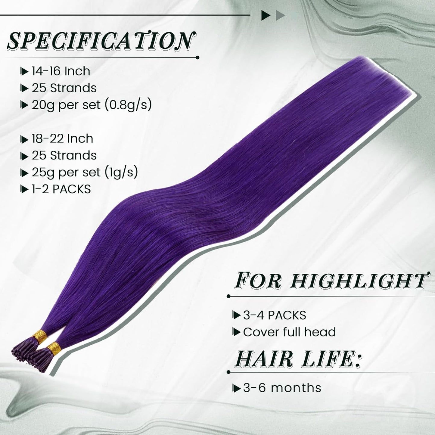 RUNATURE I Tip Hair Extensions - Purple Highlight Human Hair | 16 Inch, 20g, Soft & Smooth for Easy Maintenance