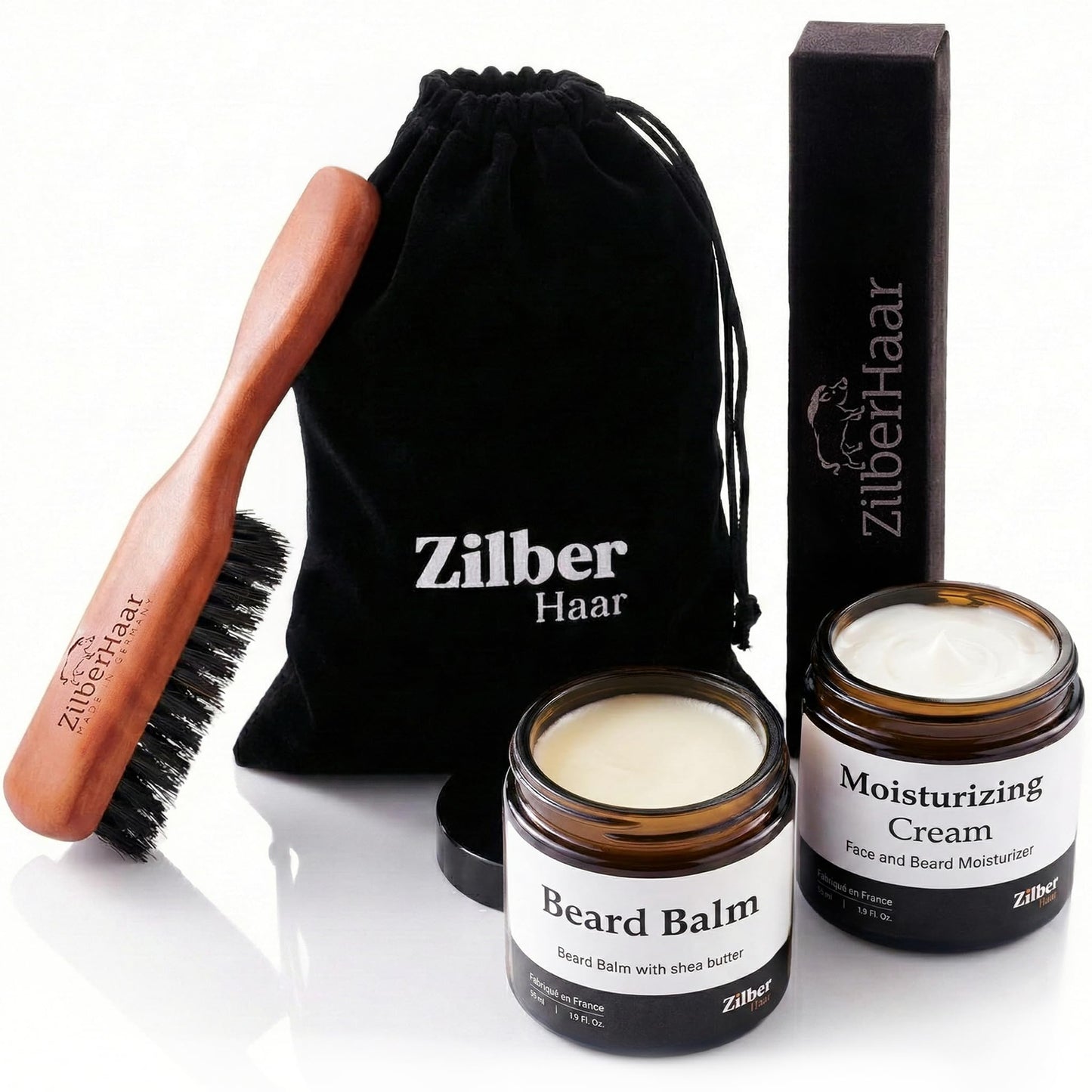 ZilberHaar - Beard Care Kit for Men - 1 Regular Beard Brush + 1 Beard Balm + 1 Moisturizing Cream - Stiff Boar Bristles and Beech Wood - Short to Medium Length Beards - Supplied in a Velvet Bag