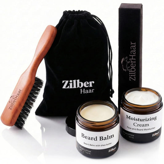 ZilberHaar - Beard Care Kit for Men - 1 Regular Beard Brush + 1 Beard Balm + 1 Moisturizing Cream - Stiff Boar Bristles and Beech Wood - Short to Medium Length Beards - Supplied in a Velvet Bag