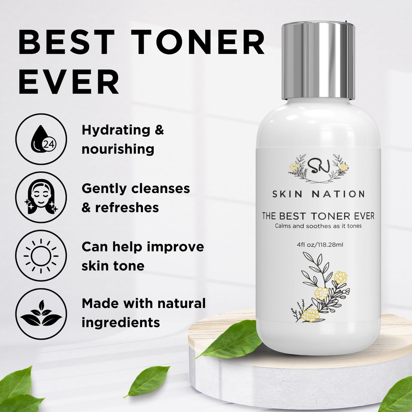 Skin Nation Hydrating Gentle Rosewater Toner with Aloe Vera and Chamomile, Alcohol-Free and Paraben-Free, for Dry, Sensitive, Oily and Combination Skin, 4 fl oz