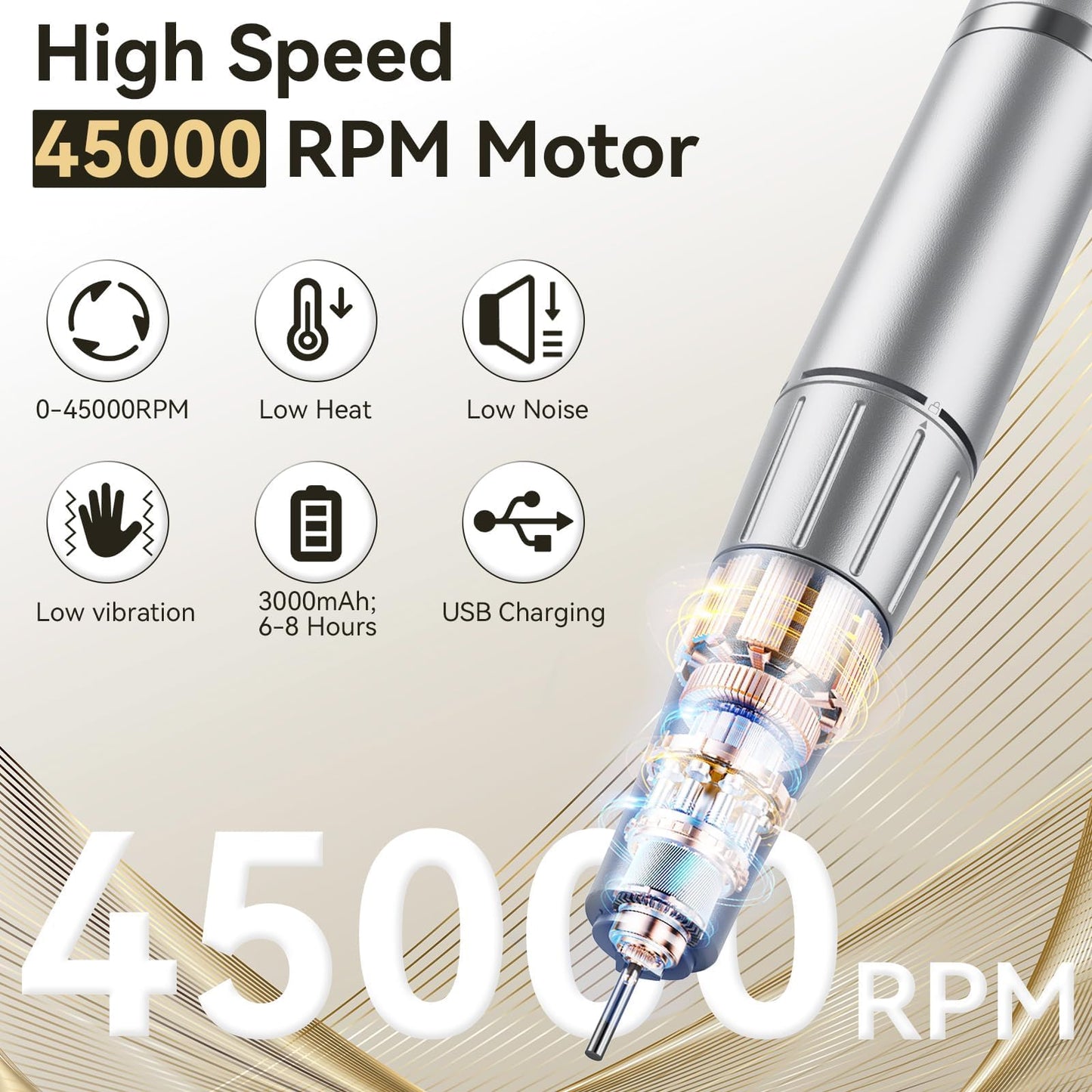 Cadrim Portable Electric Nail Drill Professional 45000 RPM, 2025 Upgrade-Speed Control Disc, Rechargeable Electric Nail File for Acrylic Gel Nails, Nail Drill Kit for Salon Home, White