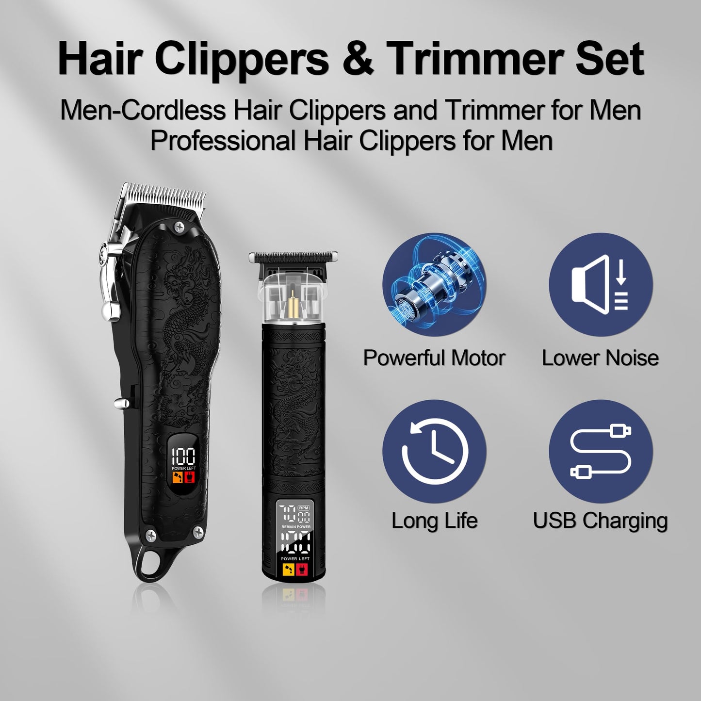 LQT Professional Hair Clippers for Men, Professional Barber Clippers and Trimmer Set, Cordless Rechargeable Electric Hair Clippers for Hair Cutting, Men's Gifts for Husband, Barbers, Father