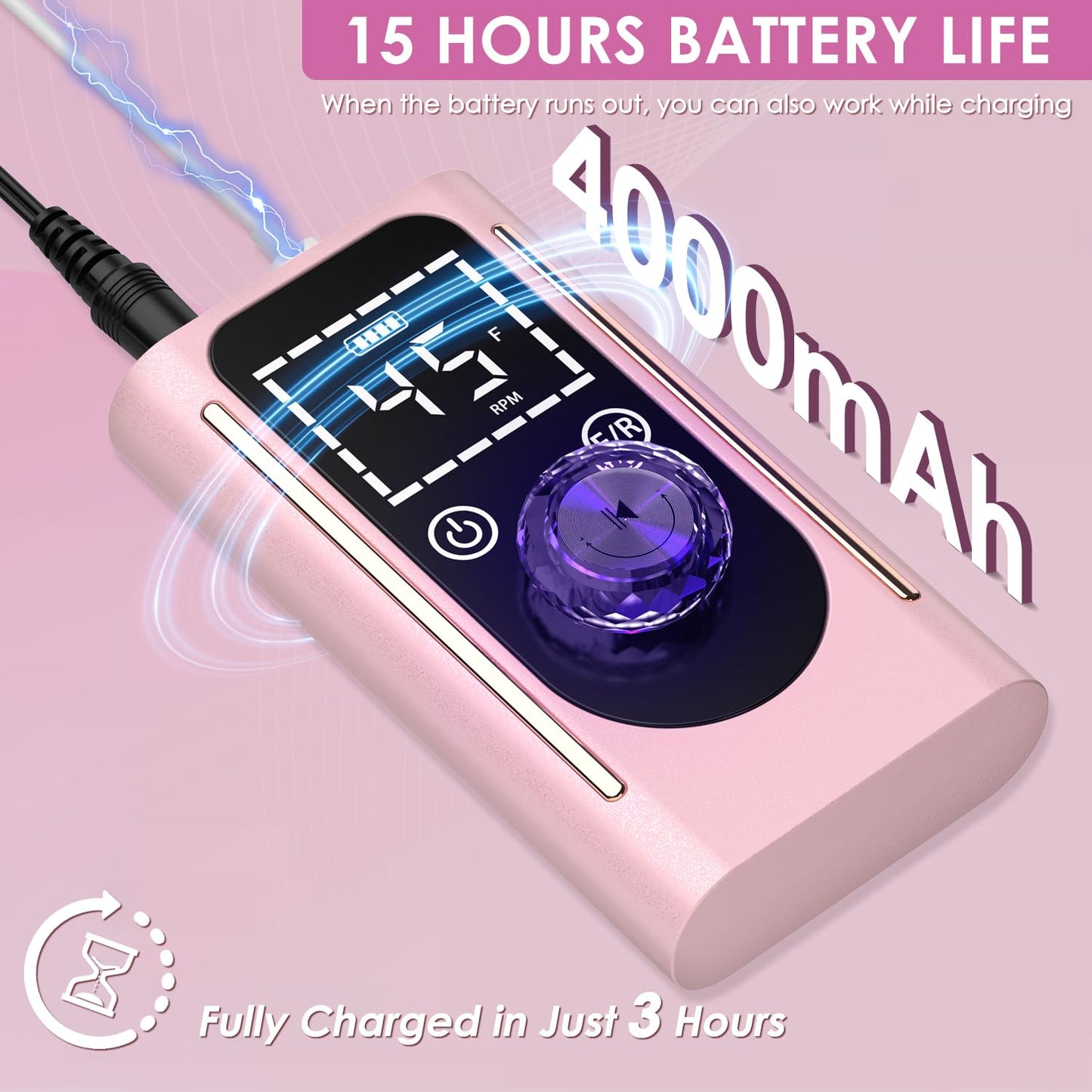 ANBEISTEE Electric Nail Drill 45000 RPM, Professional Rechargeable Nail File Kit, Portable Nail Drill Machine, Acrylic Nail Kit, Touch Screen Control, for Any Manicure, Pedicure, Pink