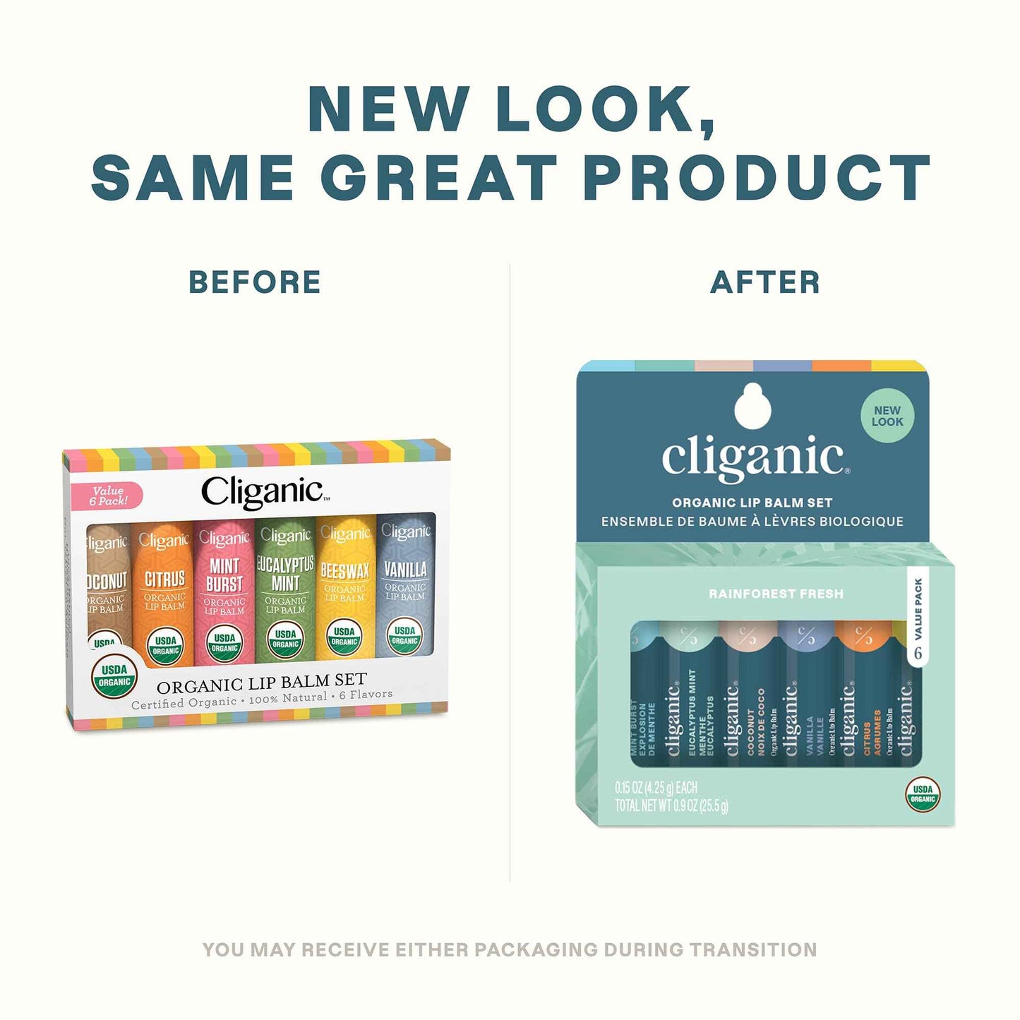 Cliganic Organic Lip Balm Set (2 Packs of 6 Tubes), 100% Natural Moisturizer for Cracked & Dry Lips