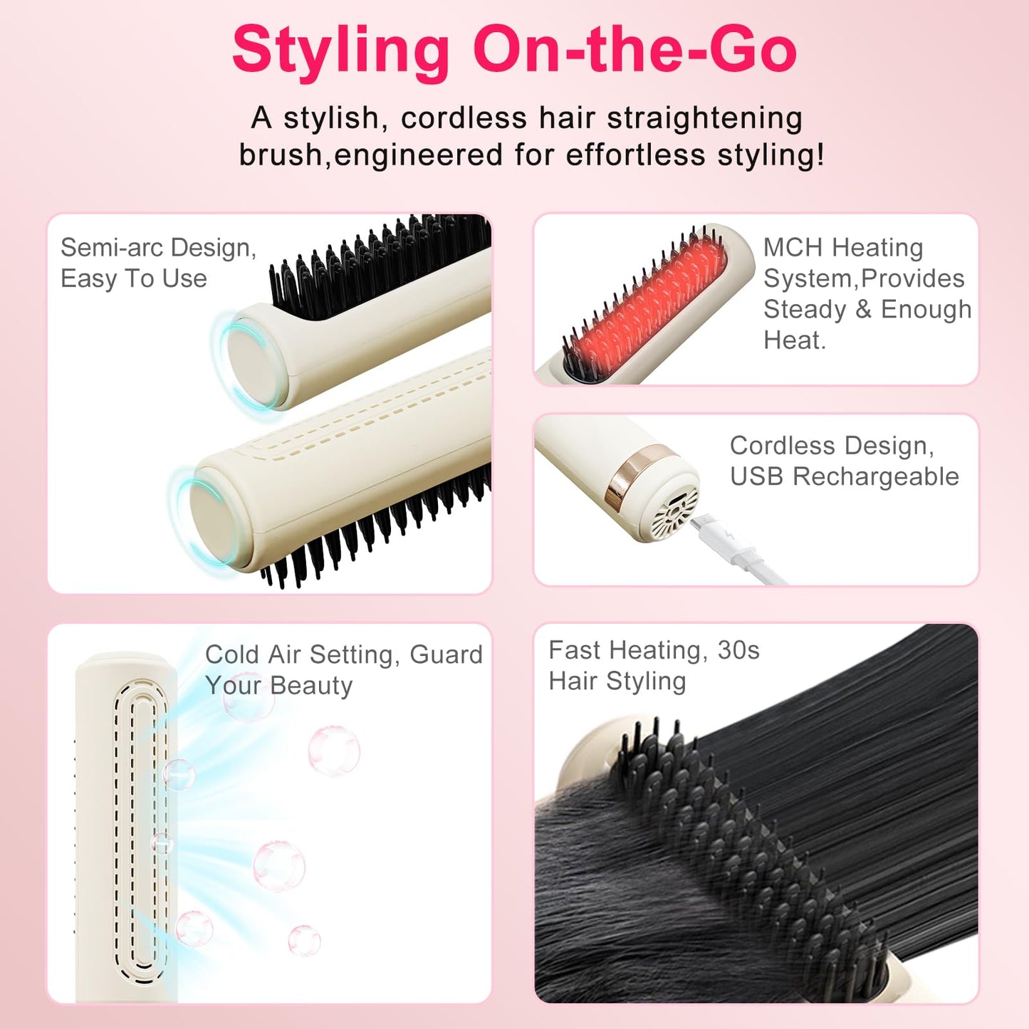 Cordless Straightener Brush for Women, Portable Hair Straightening Brush with Negative Ion, 30s Fast Heating, LED Display, USB Rechargeable Cold Air Hair Styling Comb for Travel