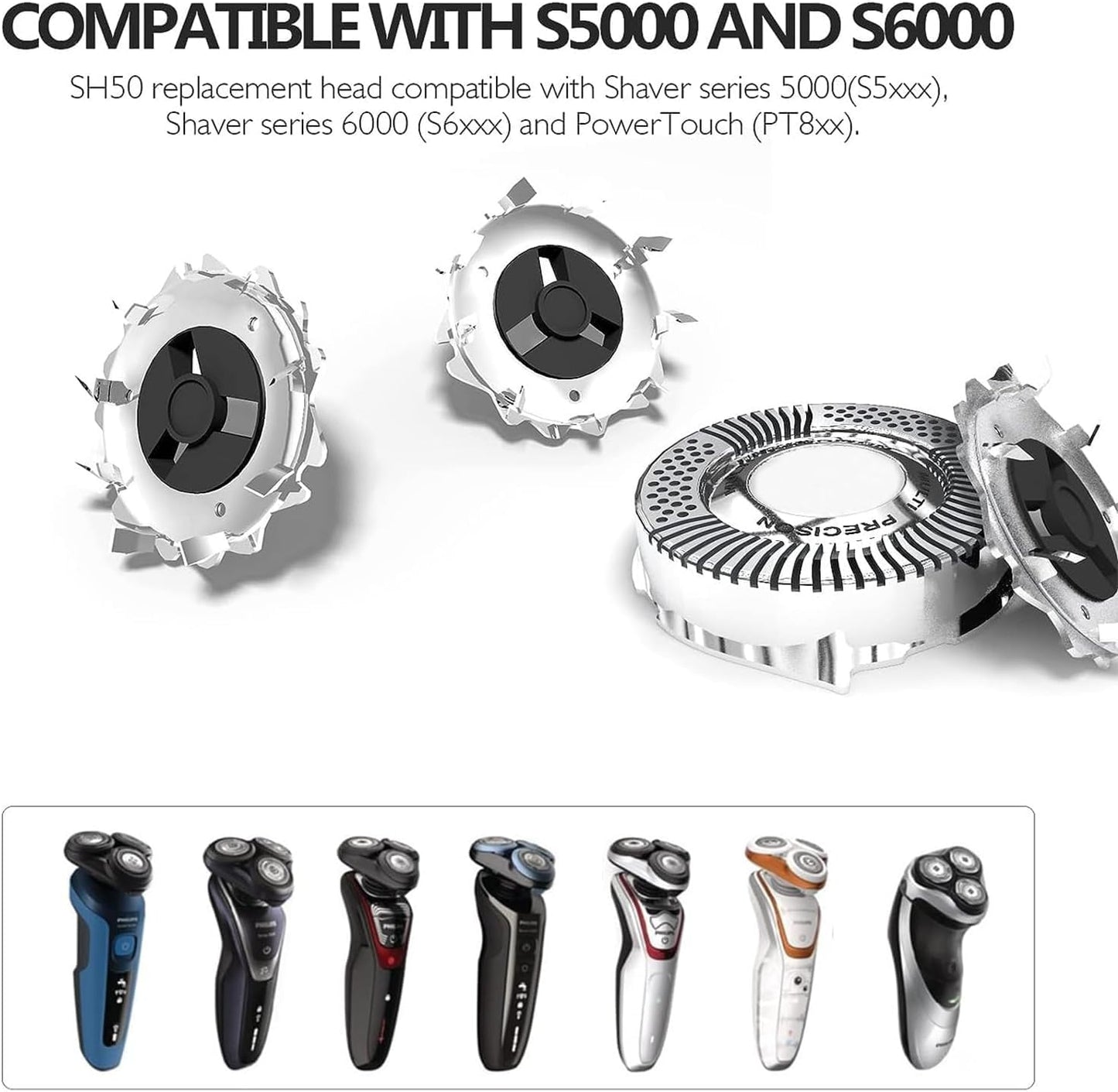 SH50 Compatible Replacement Head for Norelco Series 5000 Shavers | High Compatibility with Philips S5000/S6000/S5100/S5500 Models | 1-Pack (sh50-6 pcs)