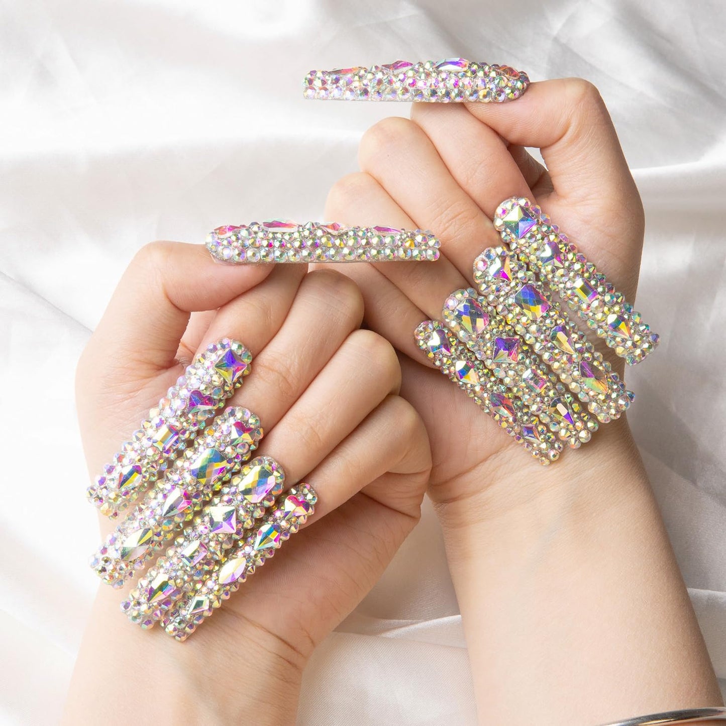LOVFUL Press on Nails Eternal Stunning | Handmade with Full Covered Crystals | Reusable Fake Nails | Square Long 2.2 in | H46-M