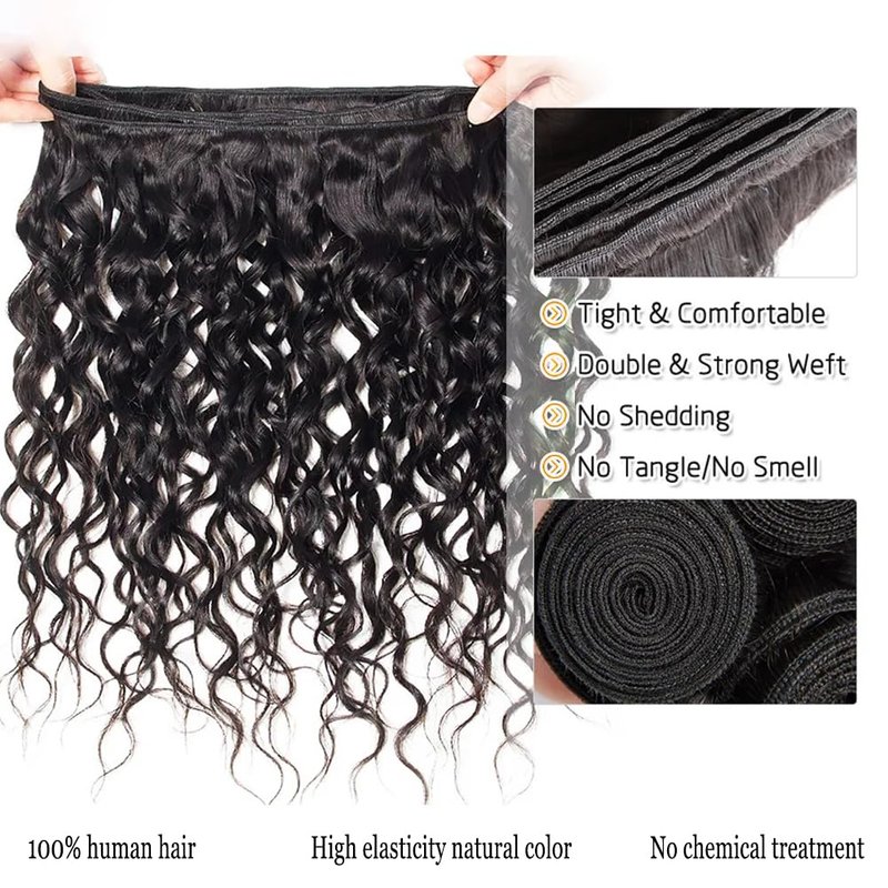Water Wave Human Hair Bundles Brazilian Remy Water Wave Human Hair Bundles 10A Curly Unprocessed Extension Double Weft Natural Color for Black Women 18inch