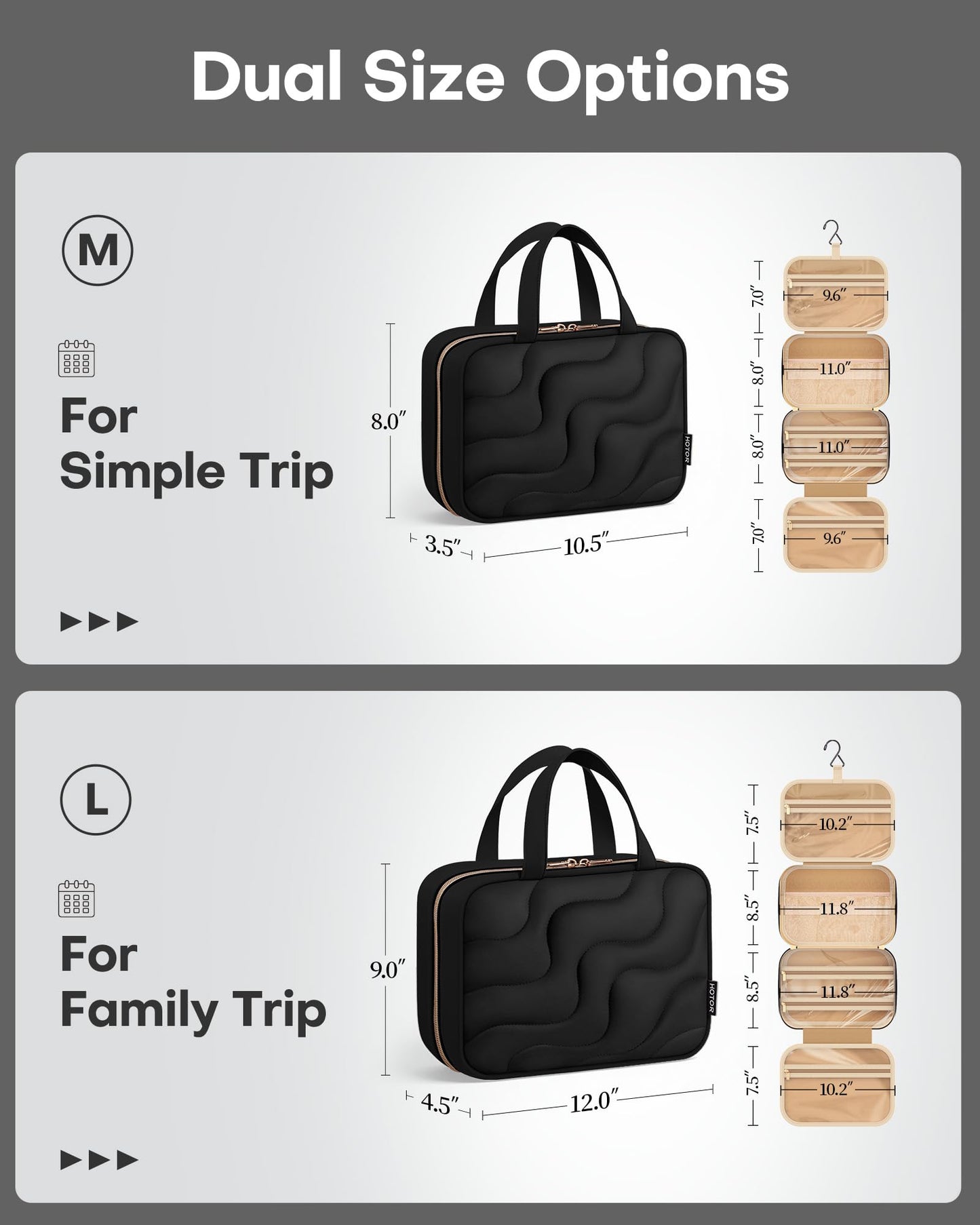HOTOR Hanging Toiletry Bag - Spacious Travel Toiletry Bag for Women & Men, Multi-Pocket Makeup Organizer, Travel & Cruise Essentials for Business Trip, Gym, Black, 12.6" x 9.9" x 4.3"