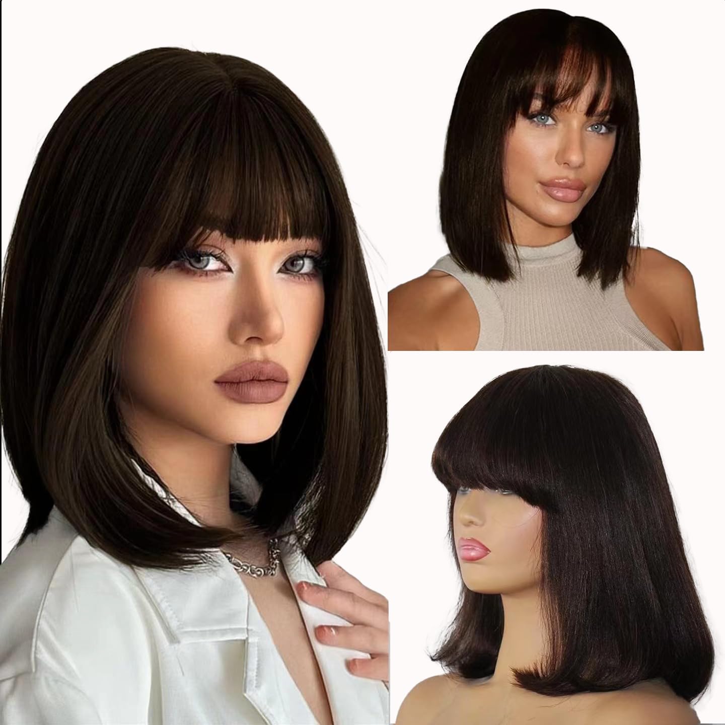 Savasana Bob Wigs for Black Women Human Hair Light Yaki Straight Brown Bang Wigs Glueless 8 Inch