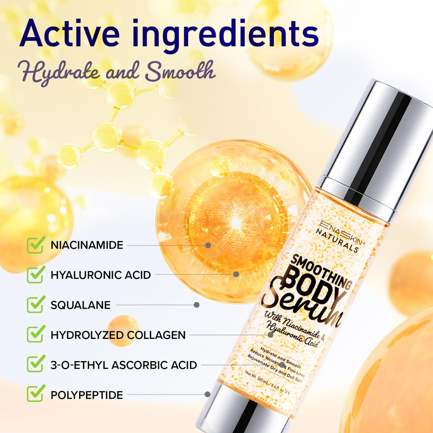 Enaskin Naturals Smoothing Body Serum Lotion for Dry and Crepe Skin: Anti-Wrinkle, Hydrating, Firming with Hyaluronic Acid & Niacinamide, Non-Greasy, for All Skin Type