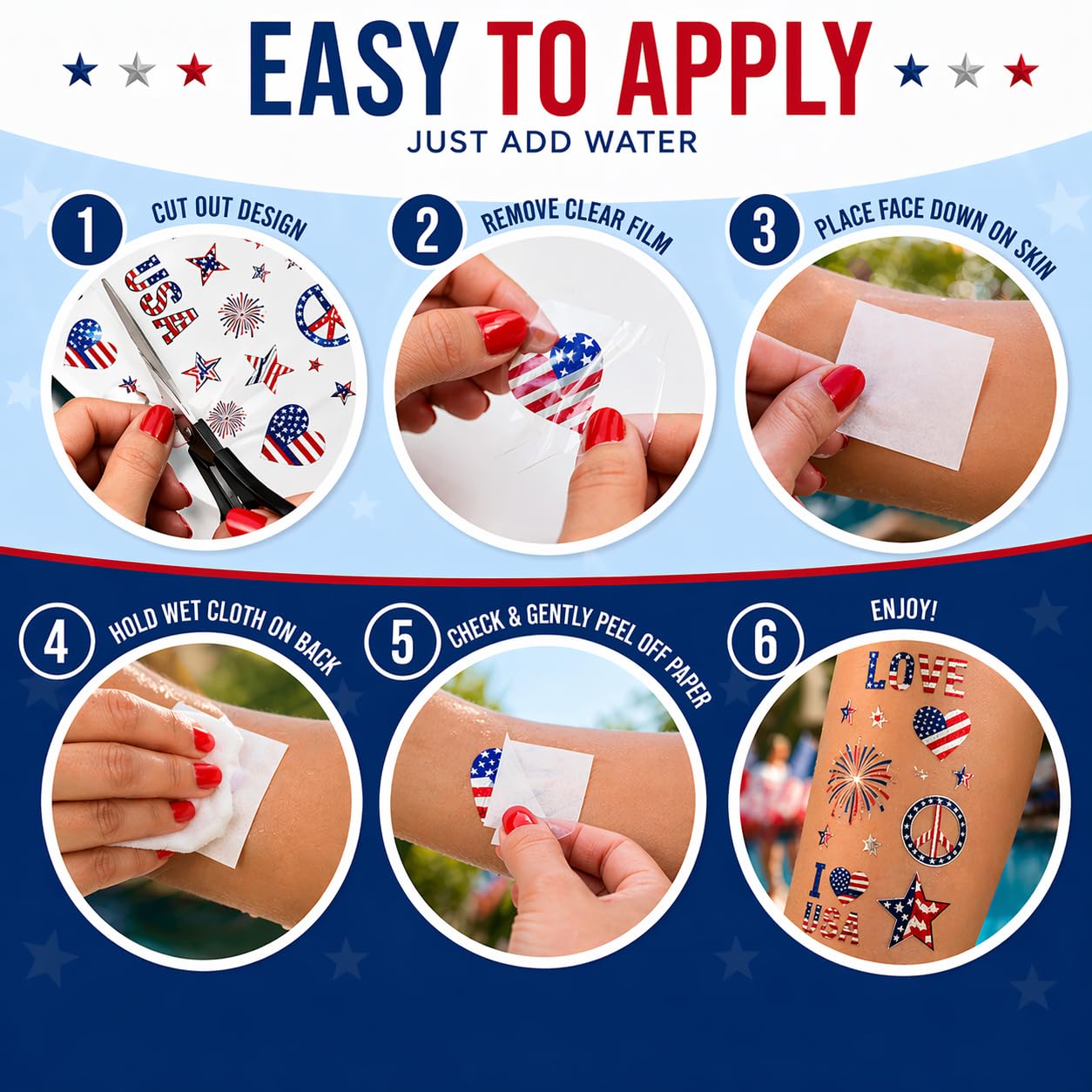4th of July Temporary Tattoos - 70+ Patriotic Designs | Waterproof USA Flag Red, White & Blue for Parties