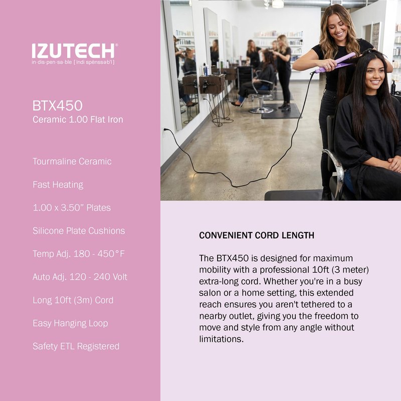 IZUTECH BTX450 1 Inch Tourmaline Ceramic Flat Iron Hair Straightener, Professional Salon Negative Ion Straightener with Adjustable Temperature for All Hair Types, Anti-Frizz High Shine, Pink
