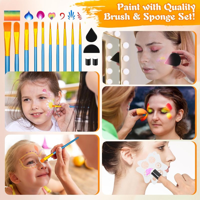 Face Painting Kit - 12x10g Water-Based Split Cake Palette with Stencils & Glitter Crayon | Ideal for Kids & Adults, Perfect for Parties & Events