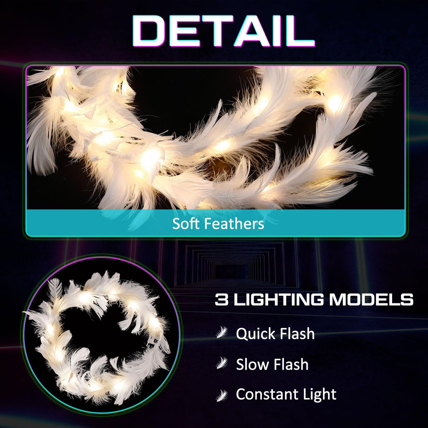 Taiyin 50 Pieces LED Feather Crown Headbands - Luminous Flashing Hair Accessories, Adjustable Light up Wreath for Women (Warm White)
