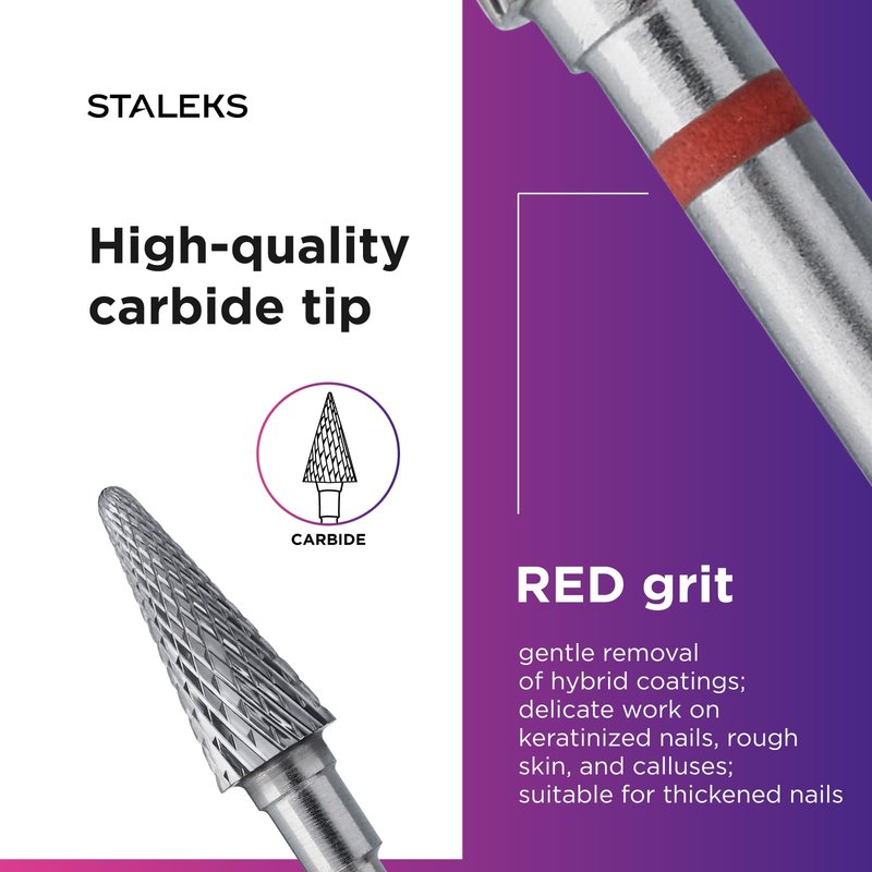 STALEKS PRO Expert Carbide Nail Drill Bit (Cone, Red, 6mm Head / 14mm WP) – for Left-Handed Users – Soft Hardness for Artificial Nail Correction & Skin Processing in Hardware Manicure/Pedicure