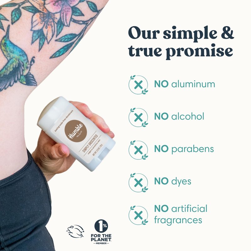 Humble Aluminum-Free Deodorant for Women & Men, Simply Unscented - Baking Soda-Free Natural Deodorant Stick for Sensitive Skin with Essential Oils for Long-Lasting Odor Control, 2.5 Oz (Pack of 3)