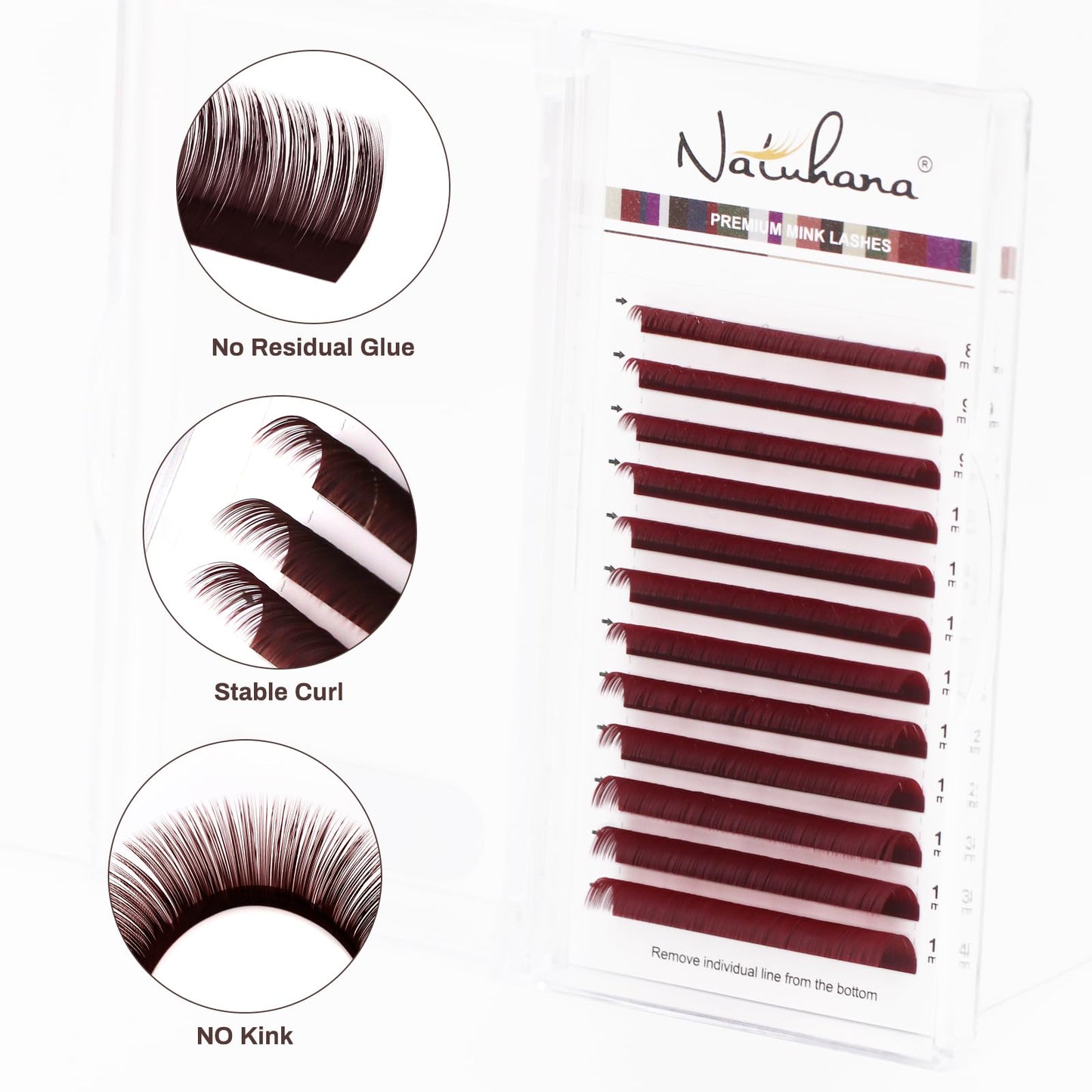 NATUHANA Colored Volume Eyelash Extensions 0.07mm D Curl 8-15mm Mixed & Single Length Tray Soft Individual Lashes, Professional Supplies for Lash Techs(Burgundy,0.07 D,8-15 MIX)