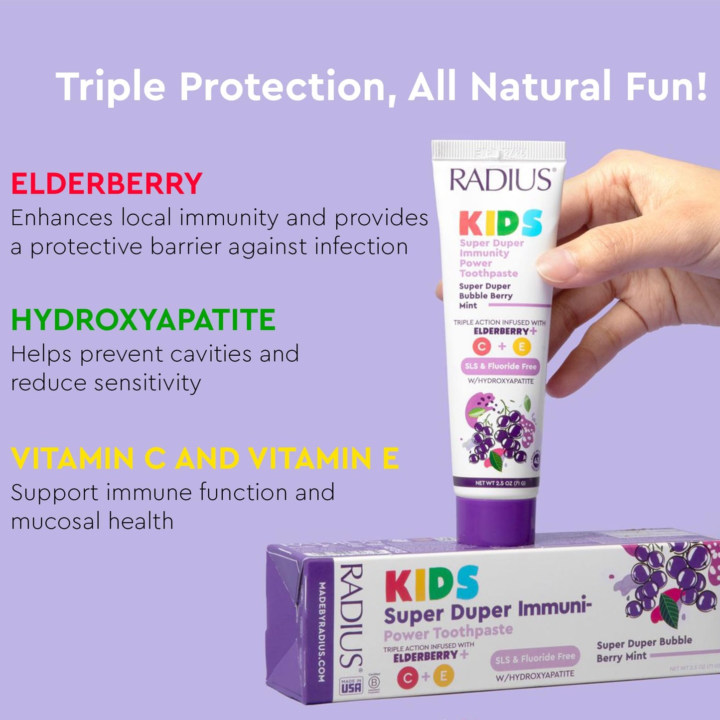 Radius Kids Super Duper Immunity Power Toothpaste 2.5 Oz - Super Duper Bubble Berry Mint - Pack of 3
