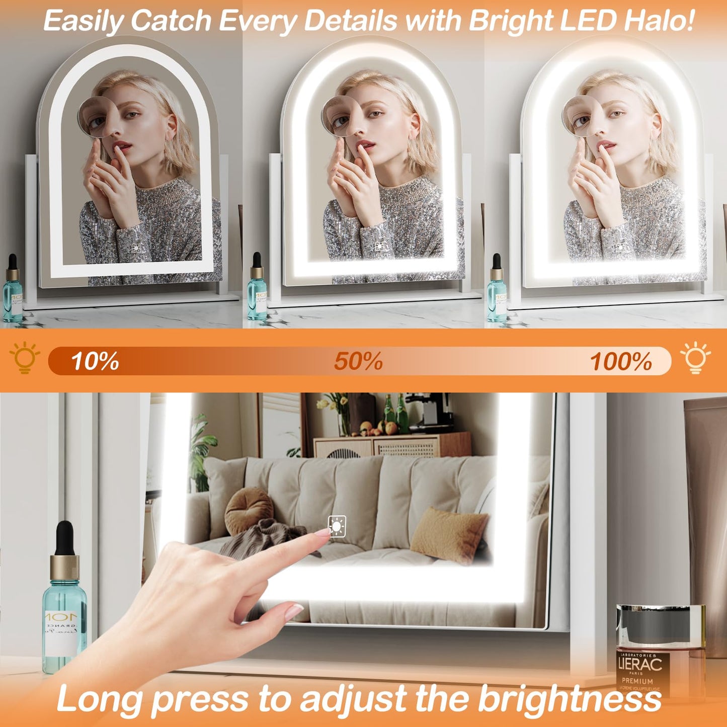 Gvnkvn Arched Makeup Vanity Mirror with Lights 17.2" LED Makeup Mirror Detachable 10X Magnification, Hollywood Make Up Mirror with Lighting, Smart Touch, 360° Rotation, (Gold,Gift Box)