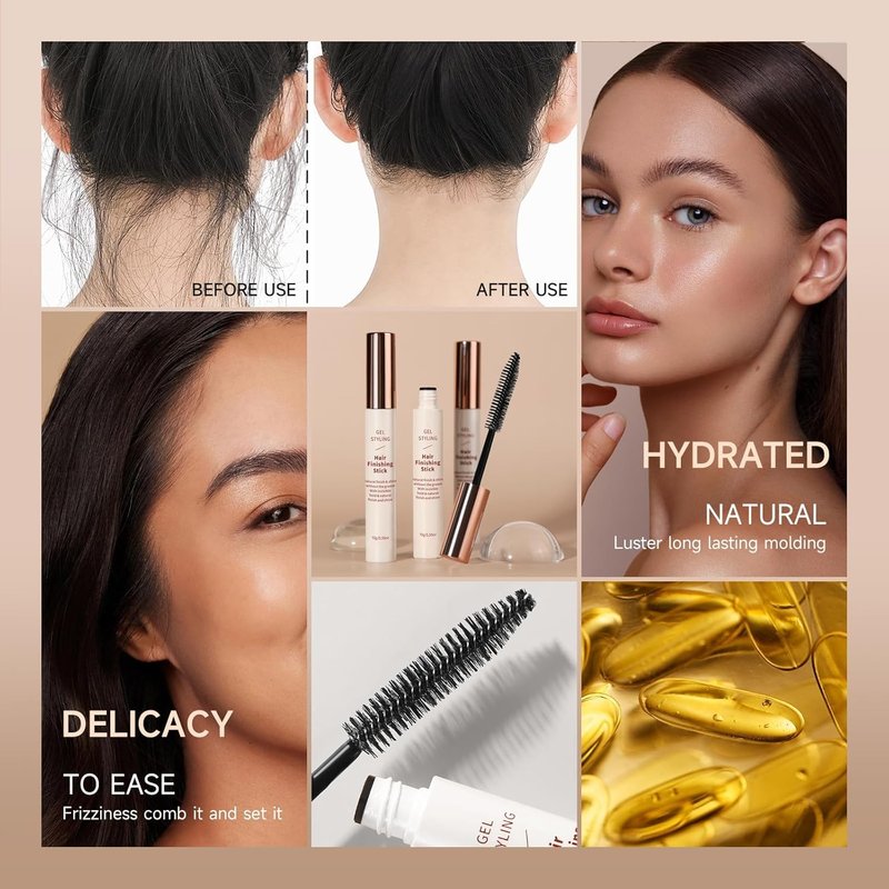 BEUKING Broken Small Hair Finishing Stick Hair Smoothing Cream Loose Hair Quick Styling Non-Greasy Non-Sticky Bangs Styling Gel for Frizz Control & Fixing Stereotypes Hair Mascara for All Hair Types